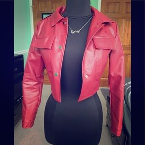 Faux red cropped  leather jacket